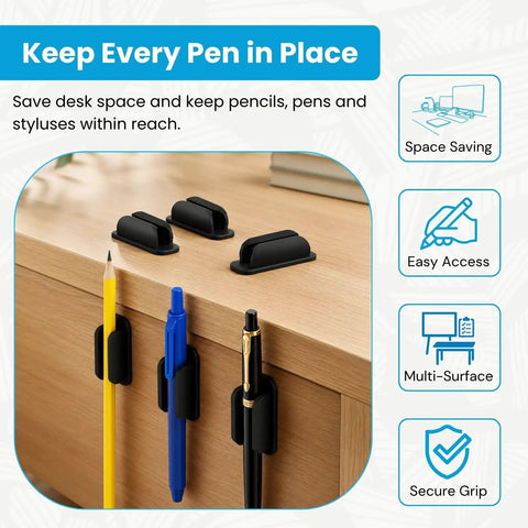 Adhesive Pencil Holder Kit Ten Pack For Desk And Wall Clipboard Silicone Pen Organizer Flexible Pencil Grips visible on desk