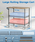 Rolling Kitchen Cart With Wheels, 3-Tier Heavy Duty Utility Cart With Wood Top, NSF-Listed Metal Serving Cart With Handle, dimensions labeled