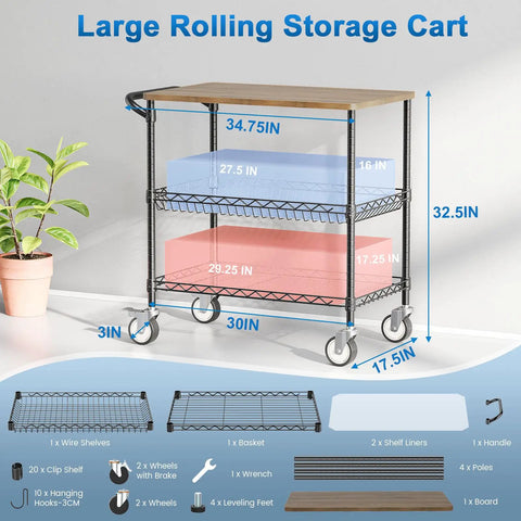 Rolling Kitchen Cart With Wheels, 3-Tier Heavy Duty Utility Cart With Wood Top, NSF-Listed Metal Serving Cart With Handle, dimensions labeled