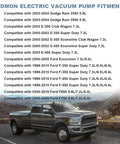 JDMON electric vacuum pump fitment label with vehicle compatibility text; gray Ford Super Duty pickup.