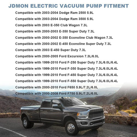 JDMON electric vacuum pump fitment label with vehicle compatibility text; gray Ford Super Duty pickup.