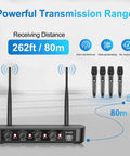 Four Pack Pro Grade Wireless Microphone System With Long Range 262 Feet, 40 Hour Battery, Low Latency Studio Sound displayed.