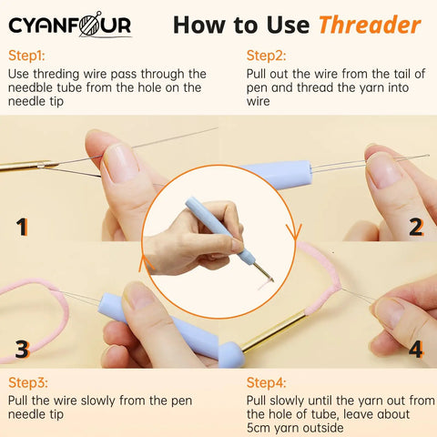 Instructional steps using No Fuss Easy Starter Punch Needle Kit for Adults With Highland Cow Design Includes Two Pre Printed Fabrics