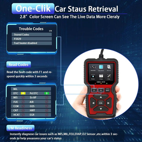 All Vehicle OBD2 Diagnostic Tool with visible screen showing codes and IM readiness features