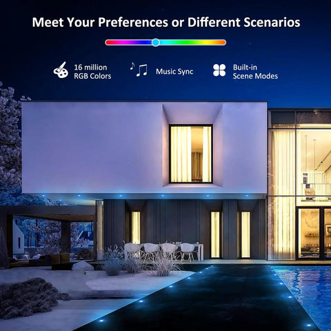 Outdoor RGB Deck Lights 30 Pack Waterproof Recessed 12V Low Voltage LED illuminating modern home exterior with blue accent lighting.