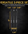 6 Piece Impact Socket Adapters Set With 3 Inch And 6 Inch Extensions Holder Includes One Quarter Inch Three Eighth Inch And One Half Inch Drive Adapters Converts Drill To High Torque Built Tough Impact Wrench Rust Resistant Black Phosphate Coated.