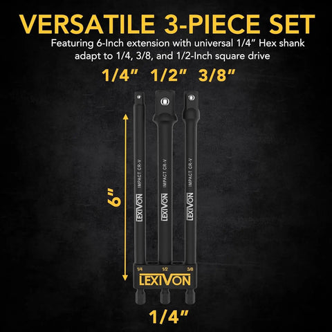 Nine Piece Impact Socket Adapters Set With 3, 6, And 12 Inch Extensions For Quarter, 3 Eighths, And Half Inch Drives with 6-inch adapters.
