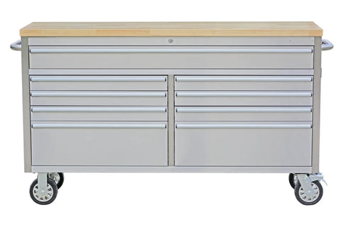 61 Inch Rolling Tool Chest With Locking Wheels And 9 Drawers, Solid Rubber Wood Top, Mobile Workshop Cabinet on casters, front view.