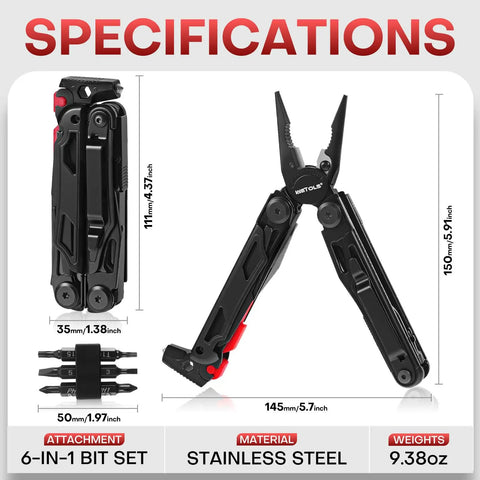 Specifications of 27 In 1 Multitool With Needle Nose Pliers, Screwdrivers, Fire Starter And Self Locking EDC Gear In Stainless Steel.