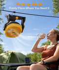 Cordless Jobsite Fan With 750 CFM, Battery Powered Portable Shop Fan hanging with folding hook beside camper