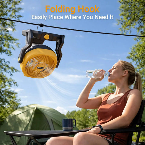 Cordless Jobsite Fan With 750 CFM, Battery Powered Portable Shop Fan hanging with folding hook beside camper