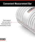 RIDGID dual imperial/metric measurement bar on a silver tool, angled side view; RIDGID logo visible.