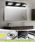 Matte Black 3 Light Bathroom Vanity Fixture With 24W LED Dimmable Over Mirror Lighting, 350 Degree Adjustable Lamp Heads