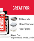 Image showing two tubes of JB Weld Professional epoxy, labeled great for all metals, stone, concrete, and fiberglass, with icons.