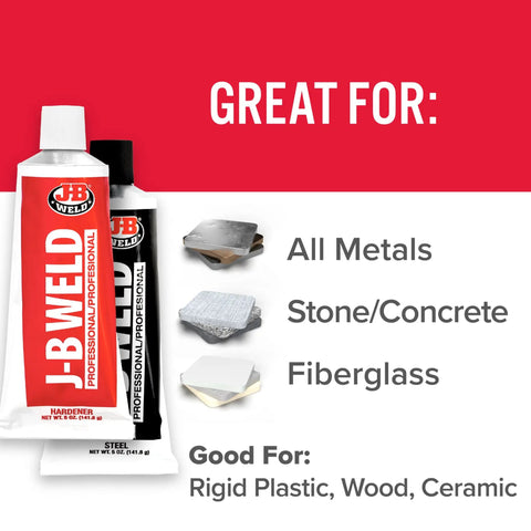 Image showing two tubes of JB Weld Professional epoxy, labeled great for all metals, stone, concrete, and fiberglass, with icons.