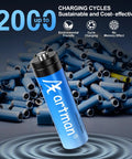 Rechargeable Lithium AA Batteries With Charger 8 Pack High Capacity 3600mWh Double A Batteries For Blink Outdoor Camera And Other Smart Home Devices 1.5V Constant Output Up To 2000 Cycles, blue battery with logo and charging cycle symbols