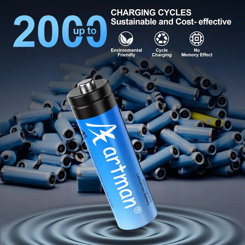 Rechargeable Lithium AA Batteries With Charger 8 Pack High Capacity 3600mWh Double A Batteries For Blink Outdoor Camera And Other Smart Home Devices 1.5V Constant Output Up To 2000 Cycles, blue battery with logo and charging cycle symbols