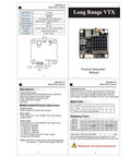 Instruction manual for Long Range 5.8GHz FPV VTX with switchable 250mW 500mW 1000mW 2000mW output, including specifications.
