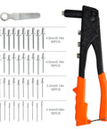 Manual Pop Rivet Gun Kit With 4 Replaceable Nosepieces And 200 Rivets Ergonomic Handle and rivets sizes shown