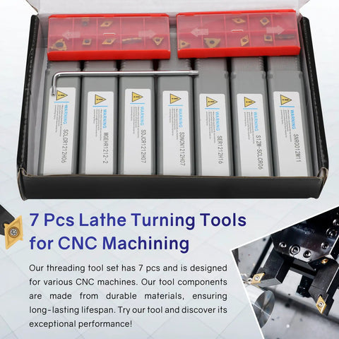 Beefy Pro Grade Lathe Turning Tool Kit 21 Piece Set With 1/2 Inch Shank, 12mm Tools, 7 Metal Lathe Tool Holders And 14 Carbide Turning Inserts For Turning, Grooving, Threading And Boring displayed in box.