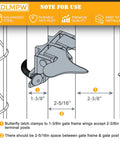 Illustration of Butterfly Gate Latch For 1-3-8 Inch Gate Frame And 2-3-8 Inch Post, showing installation with measurements.