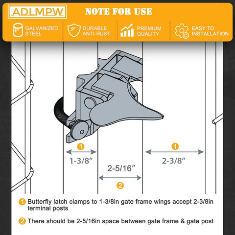 Illustration of Butterfly Gate Latch For 1-3-8 Inch Gate Frame And 2-3-8 Inch Post, showing installation with measurements.