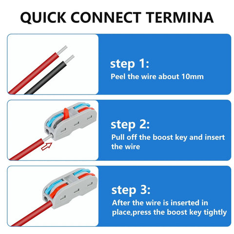 Quick connect terminal guide for wiring 12V To 24V Step Up DC Power Converter 72W 3A Voltage Booster with fuse and connectors.