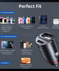Slick All Metal Usb C Car Charger 60W Dual Pd Qc Port displaying compatibility with various iPhones and Android devices.