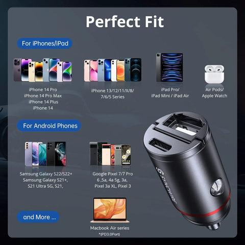 Slick All Metal Usb C Car Charger 60W Dual Pd Qc Port displaying compatibility with various iPhones and Android devices.