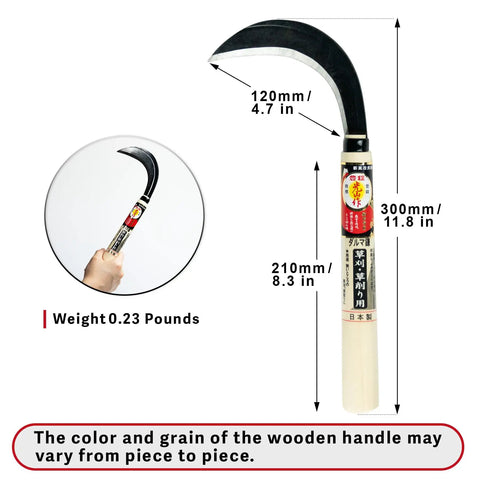 Japanese Daruma Garden Sickle Hand Tool For Grass Cutting Surface Weeding And Everyday Garden Work with dimensions shown
