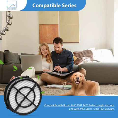 Two Pack Pet Hair Eraser Filters For Upright Vacuums Compatible With Bissell 1650 2281 2475 2461 with couple and dog