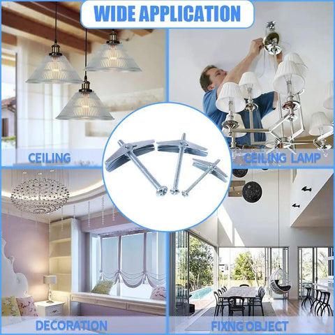 Beefy Heavy Duty Toggle Bolt And Wing Nut Kit 24 Piece Set With One Eighth Inch Three Sixteenth Inch And One Quarter Inch Sizes Zinc Plated Steel Round Head Fasteners For Hanging Heavy Stuff On Drywall, shown with ceiling light use