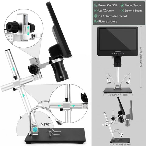 Crystal Clear 2160P HDMI Digital Microscope With 10.1 Inch Display Three Lens System For Soldering Repair Electronics Coins Plants Stones And Biological Slides Up To 2000x Magnification adjustable boom arm stand