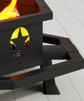 43 Inch Outdoor Wood Burning Fire Pit With Poker Octagonal Design Heavy Duty Steel Black with side vent detail and flames