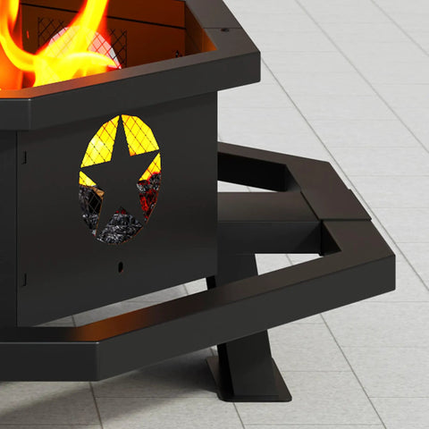 43 Inch Outdoor Wood Burning Fire Pit With Poker Octagonal Design Heavy Duty Steel Black with side vent detail and flames