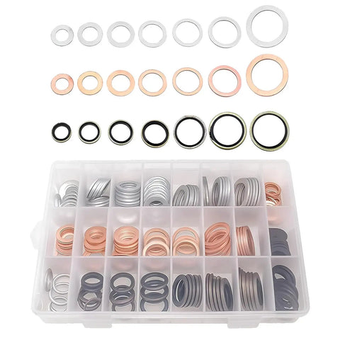 Oil Drain Plug Crush Washer Set With Assorted Sizes 10mm 12mm 14mm 16mm 18mm For Automotive Engine Oil Pan Sealing Gasket Replacement Kit 160 Pieces Premium Quality, displayed in plastic storage box