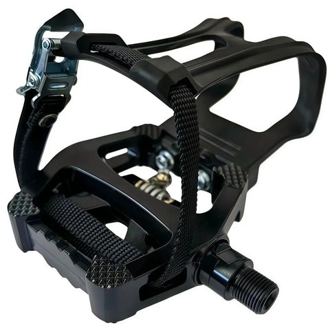 Dual Sided SPD Clipless Pedals With Toe Clip Straps For Indoor Cycling Three In One System For Peloton Spin Bikes Universal Nine Sixteenth Inch Axle Fit Aluminum CNC Body With Sealed Bearings And Quick Release Clips, side view showing the aluminum body and toe straps