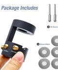 Aluminum TIG Tungsten Electrode Sharpener with CNC Mandrel, Diamond Wheels, and Brass Screw Holes shown in package.