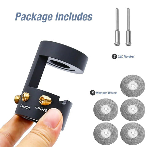 Aluminum TIG Tungsten Electrode Sharpener with CNC Mandrel, Diamond Wheels, and Brass Screw Holes shown in package.