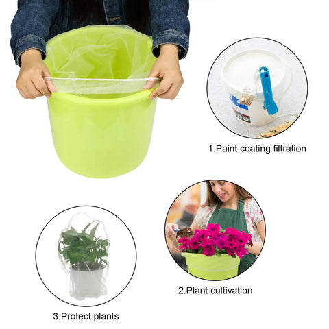Person using 10 Pcs Paint Filter Strainer Bags White Fine Mesh For 5 Gallon Buckets Elastic Top Disposable Filter Bags For Painting No Mess Staining, Gardening And Plant Protection 250 Micron Mesh
