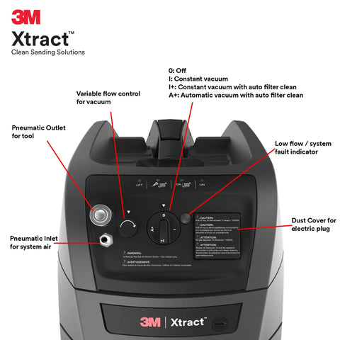 Control panel of Xtract 9 Gallon Portable Dust Extractor Pro Grade Industrial Vacuum with labeled settings and controls.