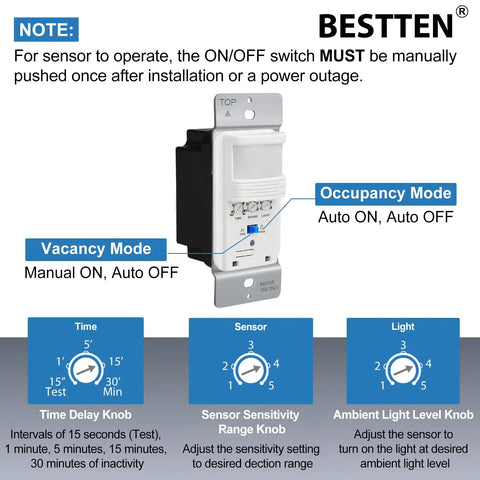 5 Pack Motion Sensor Switches No Brainer Auto On Off PIR Occupancy And Vacancy Modes 800W 120 Volt 277 Volt Compatible Neutral Wire Required Single Pole Wall Plate Included UL Listed White with mode settings diagram