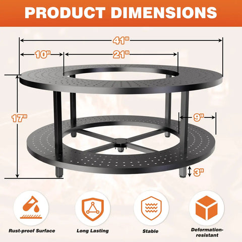 41 Inch Fire Pit Surround Tabletop With Wood Storage Shelf And Powder Coated Steel Surround, product dimensions displayed