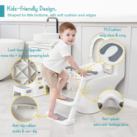 Hassle Free Potty Training Toilet Seat With Step Stool And Foldable Toddler Insert With Plush Cushion And Secure Handles For Smooth Big Kid Transition In White Grey