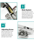 Close-up of hydraulic and adjusting screws on 90 Degree Soft Close Cabinet Hinges for Blind Corner Cabinets, Detachable Chrome Finish