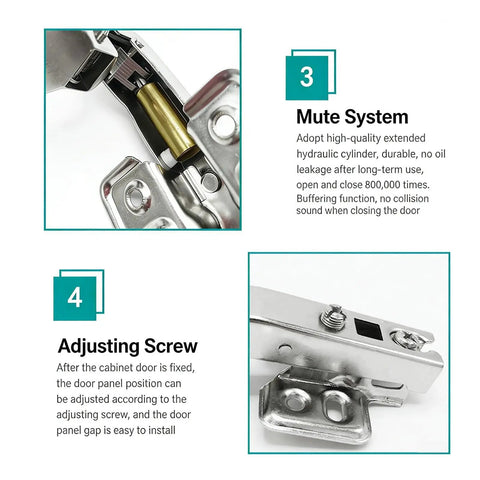 Close-up of hydraulic and adjusting screws on 90 Degree Soft Close Cabinet Hinges for Blind Corner Cabinets, Detachable Chrome Finish