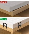 Comparison image showing Heavy Duty 6 Piece Metal Mattress Grippers Extra Wide Anti Slip Bed Holders securing mattress on frame.