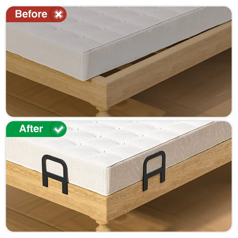 Comparison image showing Heavy Duty 6 Piece Metal Mattress Grippers Extra Wide Anti Slip Bed Holders securing mattress on frame.