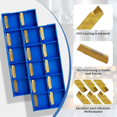20Pcs MGMN200 G 2mm Grooving Cutoff Carbide Inserts For CNC Turning And Milling With CVD Yellow Coating in blue case