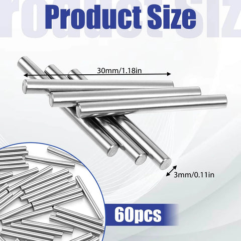 Image of 60Piece 3mm By 30mm Stainless Steel Shelf Dowels For Cabinets And Furniture Heavy Duty 304 Pegs shown with dimensions